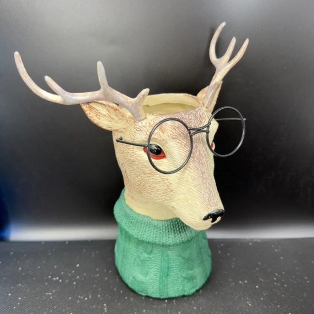 Ashland Deer Head Vase Vessel Decorative Container Glasses Green Sweater‎ Resin